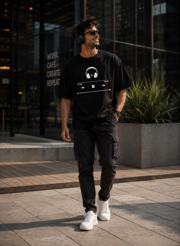 Music Player Headphone Graphic Printed Black Oversized T Shirt for Men | Minimal Music Lover Design | Round Neck Streetwear Oversized T-Shirt GiftSpeaks