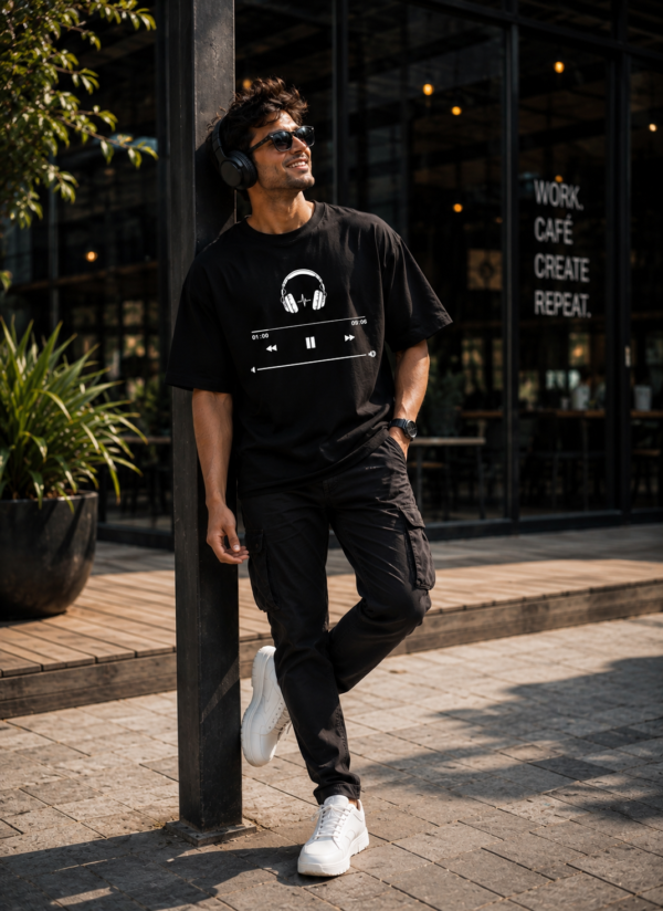 Music Player Headphone Graphic Printed Black Oversized T Shirt for Men | Minimal Music Lover Design | Round Neck Streetwear Oversized T-Shirt GiftSpeaks