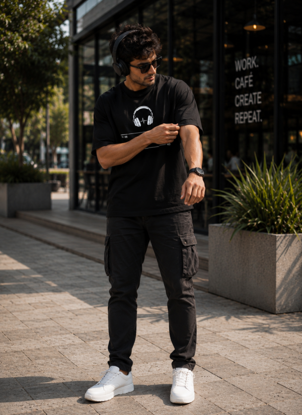 Music Player Headphone Graphic Printed Black Oversized T Shirt for Men | Minimal Music Lover Design | Round Neck Streetwear Oversized T-Shirt GiftSpeaks