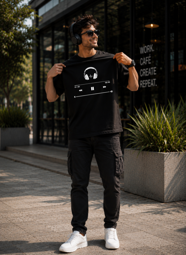 Music Player Headphone Graphic Printed Black Oversized T Shirt for Men | Minimal Music Lover Design | Round Neck Streetwear Oversized T-Shirt GiftSpeaks
