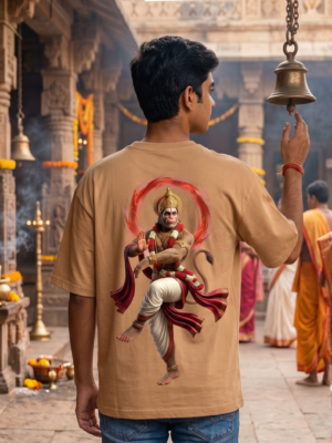 Unisex Oversized Hanuman Graphic T-Shirt Spiritual Warrior Design, Beige Cotton Tee