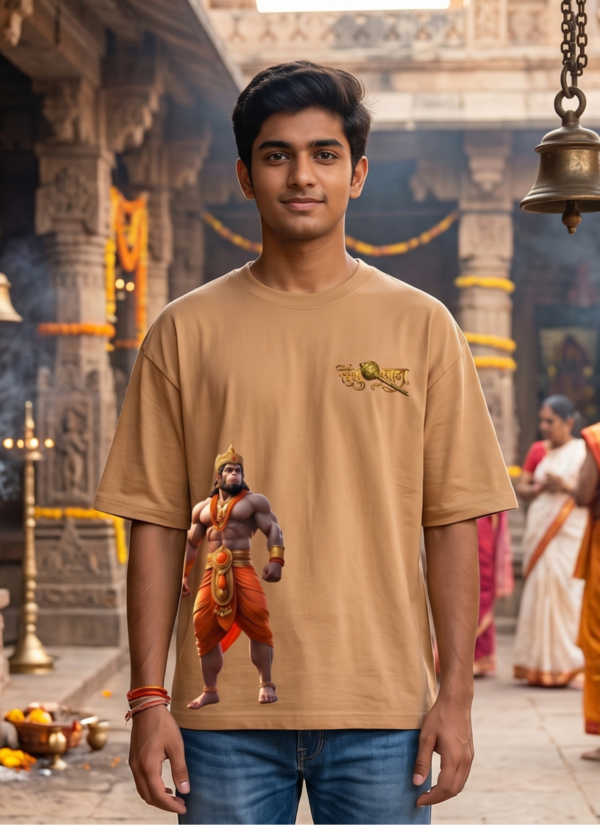 D7msw97__YAAMYAM6DJ_2026-05-08_1.png Unisex Oversized Hanuman Graphic T-Shirt Spiritual Warrior Design, Beige Cotton Tee