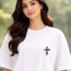 DheWZO6P_1T3WMMVHFX_2026-02-20_2.jpg Women Oversized White Graphic Printed T-Shirt | Gothic Cross Back Print | Premium Loopknit Cotton 240 GSM | Trendy Streetwear Casual Tee
