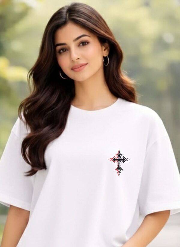 DheWZO6P_1T3WMMVHFX_2026-02-20_2.jpg Women Oversized White Graphic Printed T-Shirt | Gothic Cross Back Print | Premium Loopknit Cotton 240 GSM | Trendy Streetwear Casual Tee