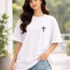 DheWZO6P_F95OB0QYY4_2026-02-20_1.jpg Women Oversized White Graphic Printed T-Shirt | Gothic Cross Back Print | Premium Loopknit Cotton 240 GSM | Trendy Streetwear Casual Tee