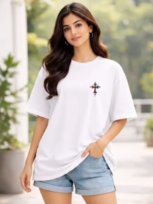 DheWZO6P_F95OB0QYY4_2026-02-20_1.jpg Women Oversized White Graphic Printed T-Shirt | Gothic Cross Back Print | Premium Loopknit Cotton 240 GSM | Trendy Streetwear Casual Tee
