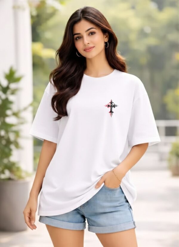 DheWZO6P_F95OB0QYY4_2026-02-20_1.jpg Women Oversized White Graphic Printed T-Shirt | Gothic Cross Back Print | Premium Loopknit Cotton 240 GSM | Trendy Streetwear Casual Tee