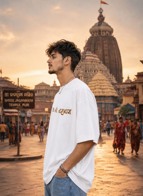 Men's White Oversized T-Shirt with Narayan Graphic Print | Loopknit 240 GSM | Spiritual Devotional Oversized Tee | Om Namo Narayanaya | Premium Graphic T-Shirt for Temple, Festivals & Everyday Wear