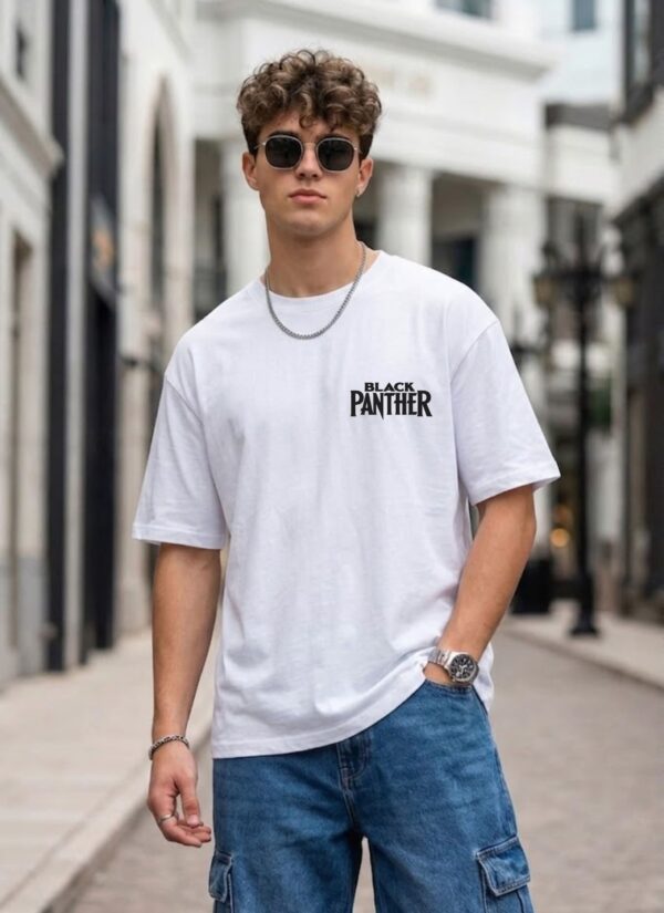 Men's Black Panther Oversized T-Shirt White | Loopknit 240 GSM Heavyweight Graphic Back Print Streetwear Tee