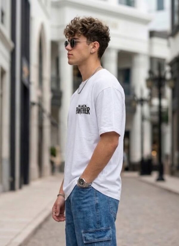 Men's Black Panther Oversized T-Shirt White | Loopknit 240 GSM Heavyweight Graphic Back Print Streetwear Tee