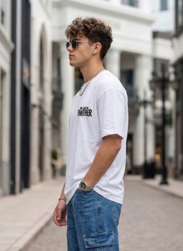 Men's Black Panther Oversized T-Shirt White | Loopknit 240 GSM Heavyweight Graphic Back Print Streetwear Tee