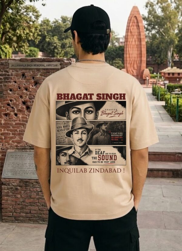 Men's Beige Oversized T-Shirt with Bhagat Singh Graphic Print | Loopknit 240 GSM | Patriotic Freedom Fighter Oversized Tee | Shaheed Bhagat Singh Tribute Back Print T-Shirt for Everyday Wear