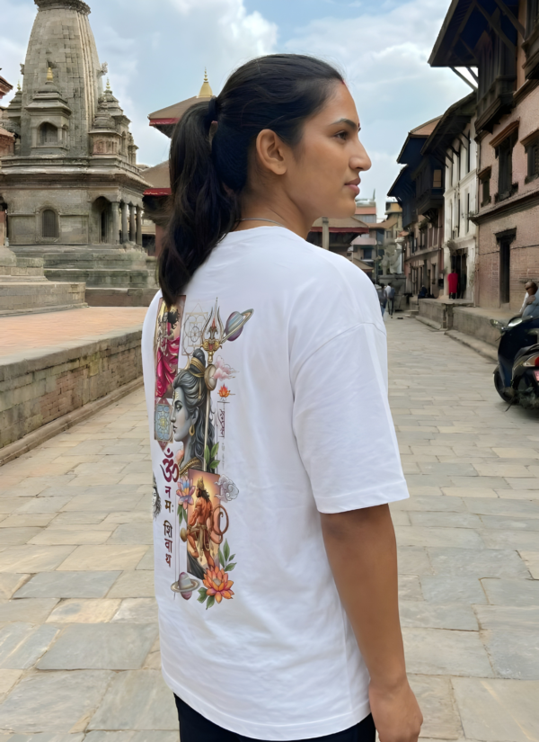 Womens Oversized White T-Shirt | Lord Shiva Om Namah Shivaya Graphic Print | Loopknit 240 GSM Premium Heavy Fabric | Spiritual Streetwear T-Shirt for Women