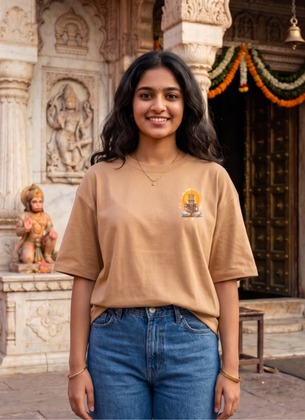 Unisex Oversized Hanuman Warrior Graphic T-Shirt Bold Devotion Design, Beige Cotton Tee
