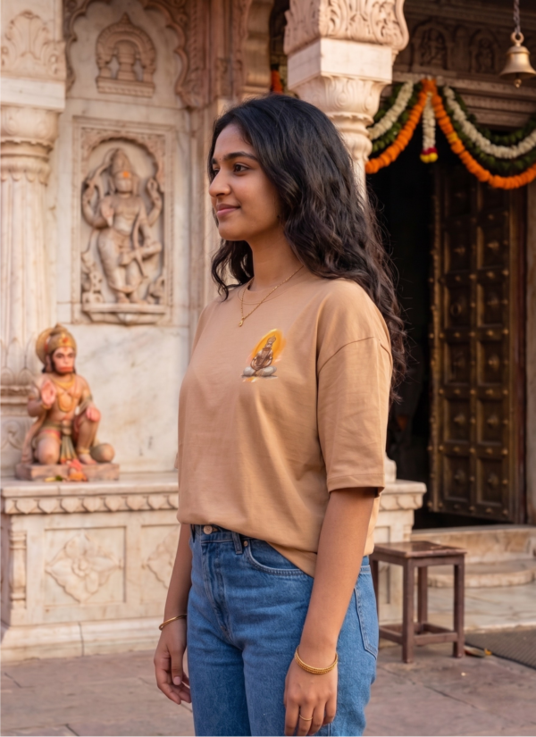 Unisex Oversized Hanuman Warrior Graphic T-Shirt Bold Devotion Design, Beige Cotton Tee