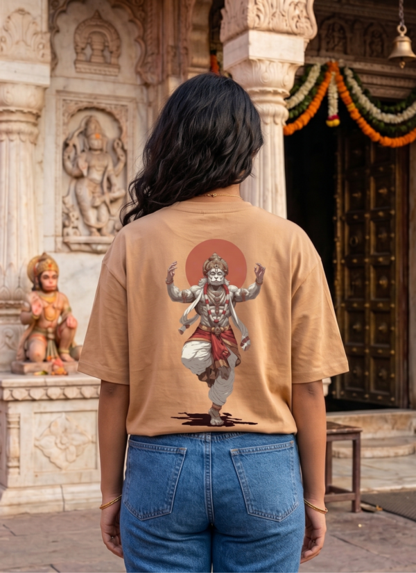 Unisex Oversized Hanuman Warrior Graphic T-Shirt Bold Devotion Design, Beige Cotton Tee