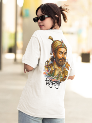 Shivray White Oversized T Shirt for Women | Shivaji Maharaj Printed Oversize Cotton T-Shirt for Girls | Premium Loopknit 240 GSM Streetwear Graphic Tee | Royal Maratha Culture Women T Shirt � Giftspeaks