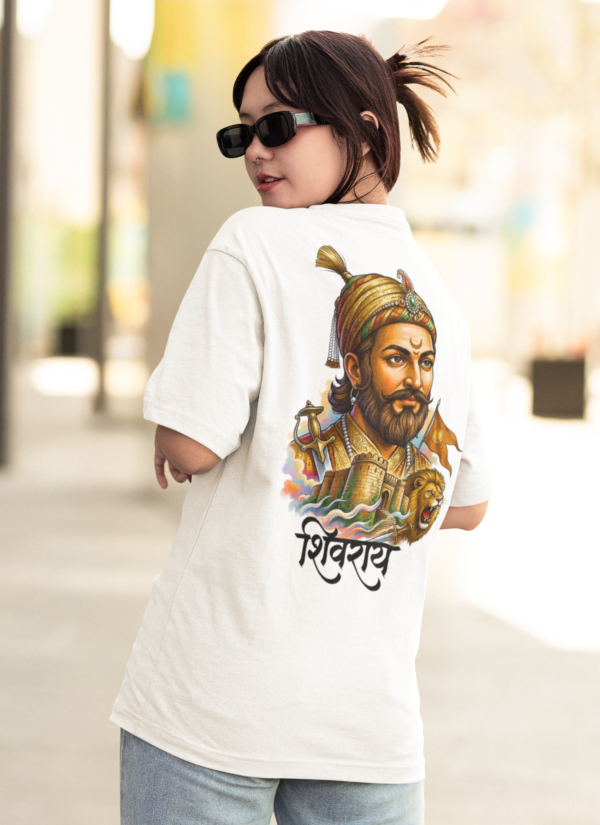 Shivray White Oversized T Shirt for Women | Shivaji Maharaj Printed Oversize Cotton T-Shirt for Girls | Premium Loopknit 240 GSM Streetwear Graphic Tee | Royal Maratha Culture Women T Shirt � Giftspeaks