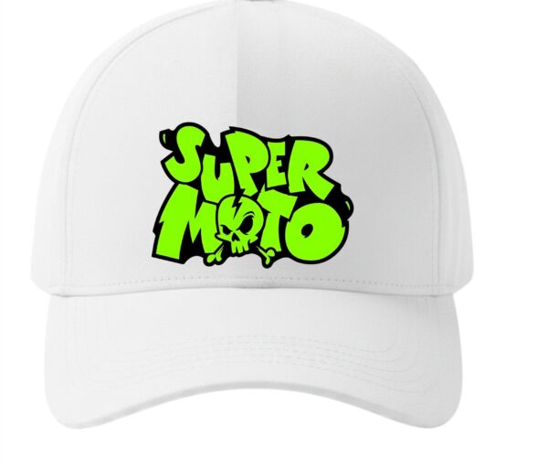 G6TOU9Zd_O89VSFSZ56_2026-03-12_1.jpg Unisex White Baseball Cap with Super Moto Graphic Print, Adjustable Casual Cap for Men and Women, Stylish Streetwear Hat for Bikers, Riders, Sports, Travel and Daily Wear