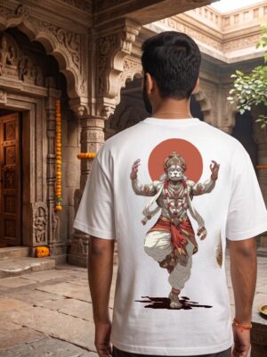 GFG29YVO_3ADLNLG9HB_2026-04-25_1.jpg Unisex Oversized Hanuman Warrior Graphic T-Shirt | Bold Devotion Design, White Cotton Tee