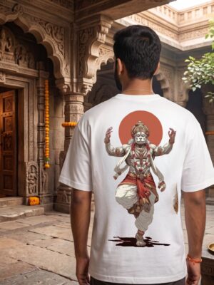 GFG29YVO_3ADLNLG9HB_2026-04-25_1.jpg Unisex Oversized Hanuman Warrior Graphic T-Shirt | Bold Devotion Design, White Cotton Tee