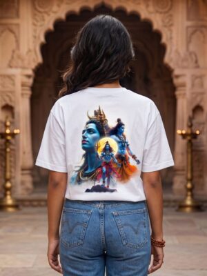 Mahakal Divine Graphic Oversized White T-Shirt for Men & Women | Spiritual Lord Shiva Back Print | Premium 240 GSM Loopknit Cotton | Unisex Streetwear Devotional Design | Front Sanskrit Typography & Detailed Back Artwork