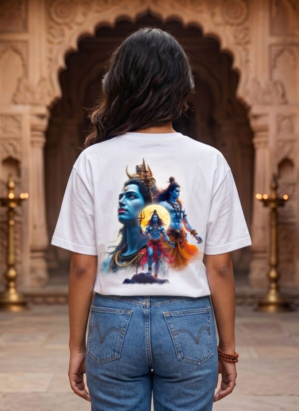 Mahakal Divine Graphic Oversized White T-Shirt for Men & Women | Spiritual Lord Shiva Back Print | Premium 240 GSM Loopknit Cotton | Unisex Streetwear Devotional Design | Front Sanskrit Typography & Detailed Back Artwork