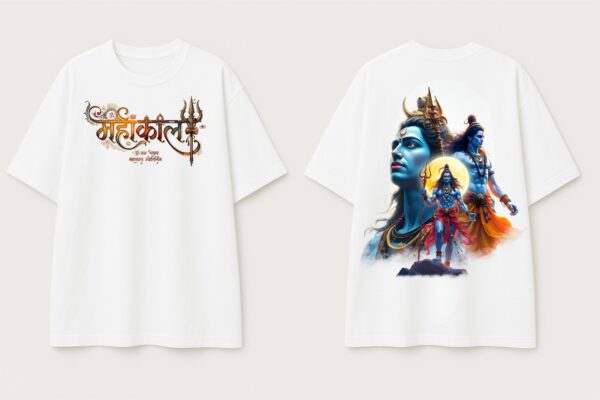 Mahakal Divine Graphic Oversized White T-Shirt for Men & Women | Spiritual Lord Shiva Back Print | Premium 240 GSM Loopknit Cotton | Unisex Streetwear Devotional Design | Front Sanskrit Typography & Detailed Back Artwork