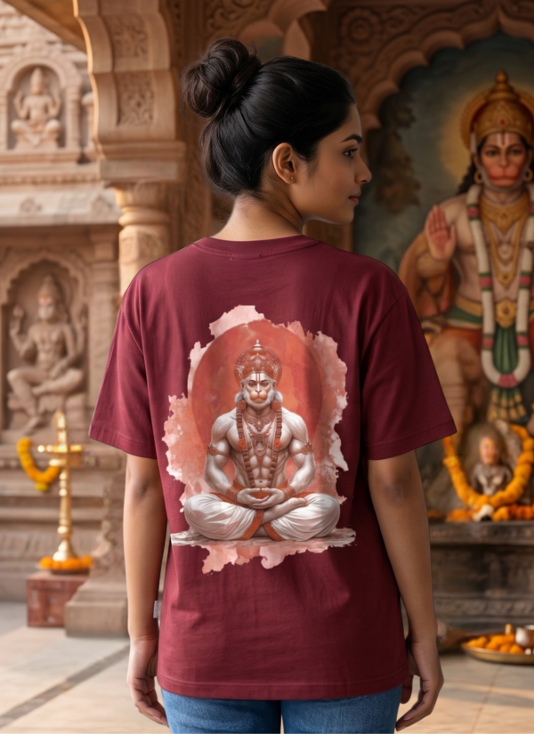H4hZhhBj_ATRJYLOBOC_2026-05-08_2.png Unisex Oversized Meditating Hanuman Graphic T-Shirt Spiritual Calm Design, Maroon Cotton Tee