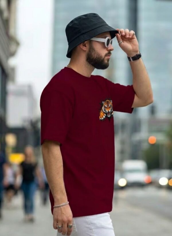 Men�s Oversized Maroon Tiger Graphic Printed T-Shirt | Trendy Animal Print Streetwear Baggy Tee for Men | Casual Half Sleeve Round Neck Drop Shoulder Fashion T-Shirt | Loopknit 240 GSM Premium Oversized Fit