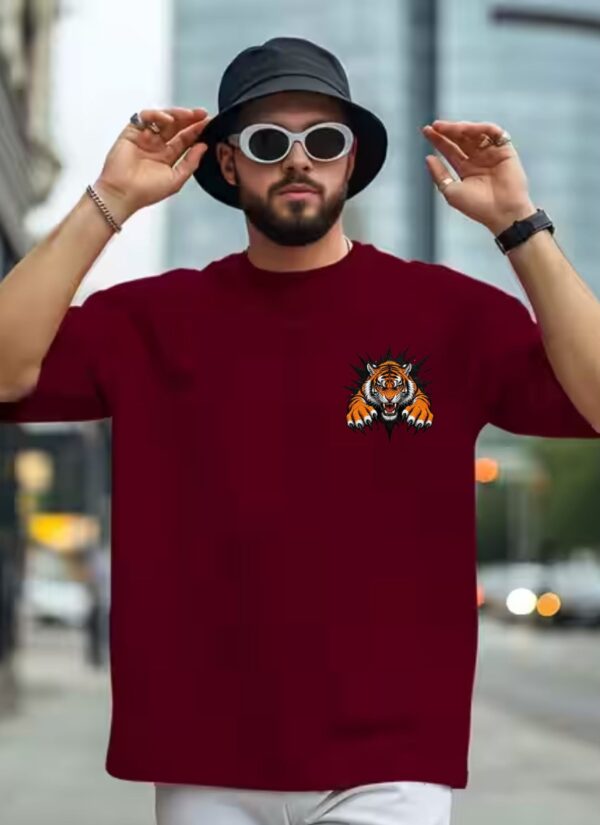 Men�s Oversized Maroon Tiger Graphic Printed T-Shirt | Trendy Animal Print Streetwear Baggy Tee for Men | Casual Half Sleeve Round Neck Drop Shoulder Fashion T-Shirt | Loopknit 240 GSM Premium Oversized Fit