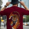 Men�s Oversized Maroon Tiger Graphic Printed T-Shirt | Trendy Animal Print Streetwear Baggy Tee for Men | Casual Half Sleeve Round Neck Drop Shoulder Fashion T-Shirt | Loopknit 240 GSM Premium Oversized Fit