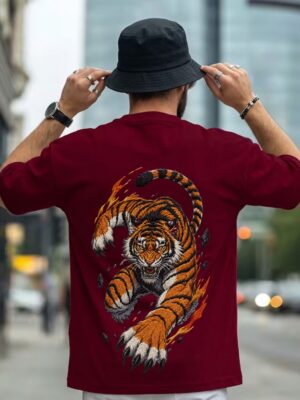 HAt_kD7N_NQGB33D6IY_2026-05-25_1.jpg Men�s Oversized Maroon Tiger Graphic Printed T-Shirt | Trendy Animal Print Streetwear Baggy Tee for Men | Casual Half Sleeve Round Neck Drop Shoulder Fashion T-Shirt | Loopknit 240 GSM Premium Oversized Fit