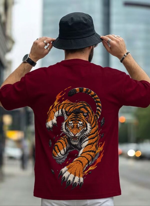 Men�s Oversized Maroon Tiger Graphic Printed T-Shirt | Trendy Animal Print Streetwear Baggy Tee for Men | Casual Half Sleeve Round Neck Drop Shoulder Fashion T-Shirt | Loopknit 240 GSM Premium Oversized Fit