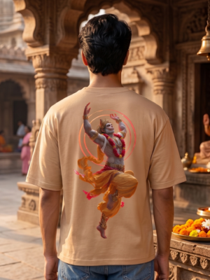 Unisex Oversized Dancing Hanuman Graphic T-Shirt Energetic Devotion Design, Beige Cotton Tee