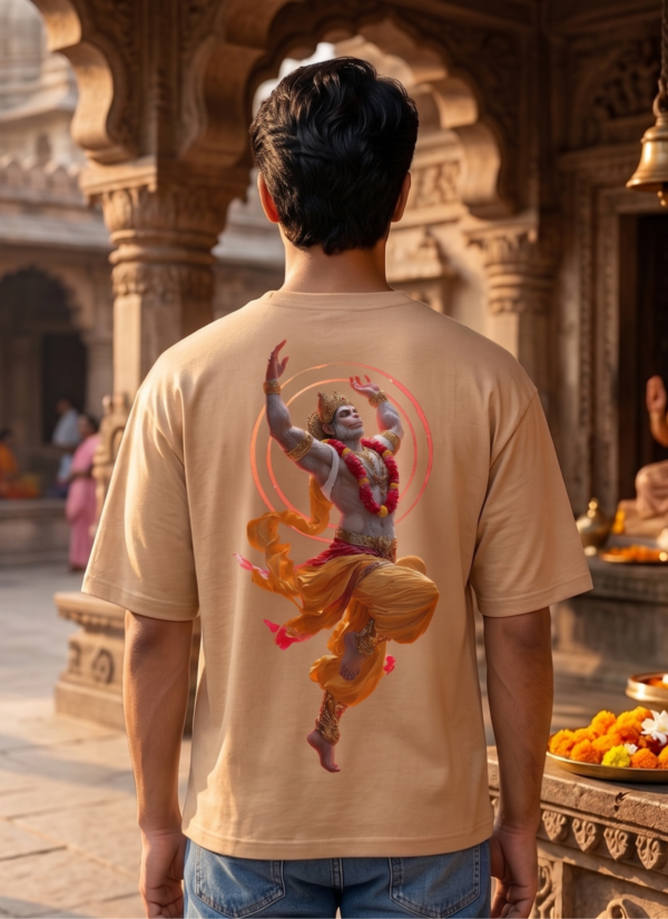 Unisex Oversized Dancing Hanuman Graphic T-Shirt Energetic Devotion Design, Beige Cotton Tee