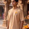 Unisex Oversized Dancing Hanuman Graphic T-Shirt Energetic Devotion Design, Beige Cotton Tee