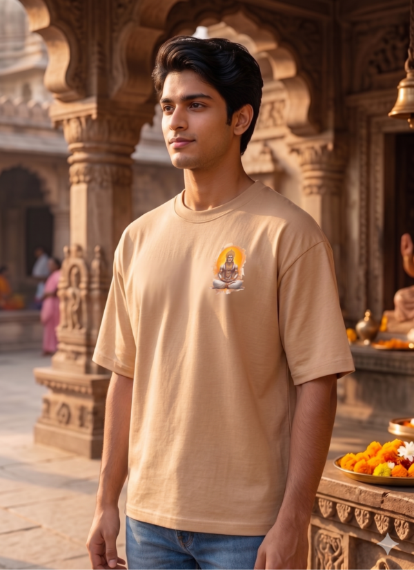 Unisex Oversized Dancing Hanuman Graphic T-Shirt Energetic Devotion Design, Beige Cotton Tee