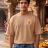 Unisex Oversized Dancing Hanuman Graphic T-Shirt Energetic Devotion Design, Beige Cotton Tee