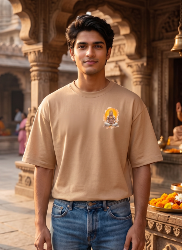 Unisex Oversized Dancing Hanuman Graphic T-Shirt Energetic Devotion Design, Beige Cotton Tee