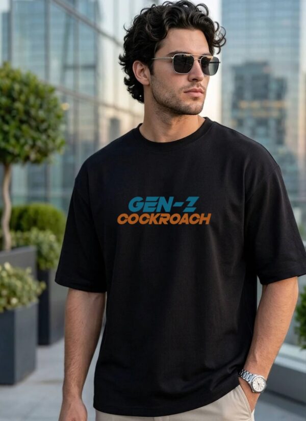 Men's Black Oversized Graphic T-Shirt with Gen-Z Cockroach Front & Back Print | CJP Inspired Urban Streetwear Baggy Fit Tee for Men | Aesthetic Drop Shoulder Half Sleeve Round Neck Oversized T-Shirt | Premium Loopknit 240 GSM Heavy Fabric