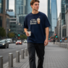 Mens Oversized Navy Blue Coffee Quote Graphic T-Shirt I Take My Coffee On The Rocks� Print | Premium Loopknit Cotton 240 GSM | Casual Streetwear Tee