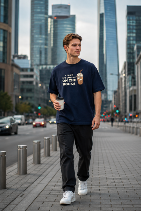 Mens Oversized Navy Blue Coffee Quote Graphic T-Shirt I Take My Coffee On The Rocks� Print | Premium Loopknit Cotton 240 GSM | Casual Streetwear Tee