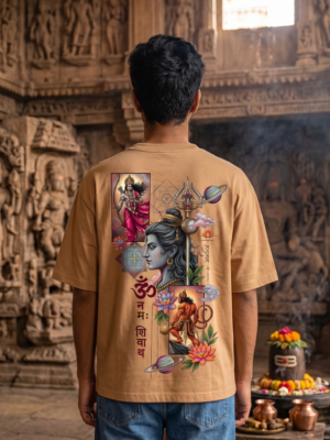 Unisex Oversized Shiva & Hanuman Graphic T-Shirt Divine Fusion Artwork, beige/camel Cotton Tee