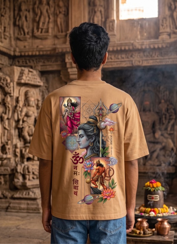Unisex Oversized Shiva & Hanuman Graphic T-Shirt Divine Fusion Artwork, beige/camel Cotton Tee