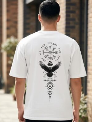 N1R2P80z_JP7MR80XDQ_2026-02-20_1.jpg Men Oversized White Norse Raven Symbol Graphic T-Shirt | Viking Compass Back Print | Premium Loopknit Cotton 240 GSM | Mythology Streetwear Tee