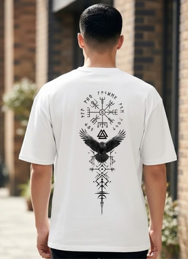 N1R2P80z_JP7MR80XDQ_2026-02-20_1.jpg Men Oversized White Norse Raven Symbol Graphic T-Shirt | Viking Compass Back Print | Premium Loopknit Cotton 240 GSM | Mythology Streetwear Tee