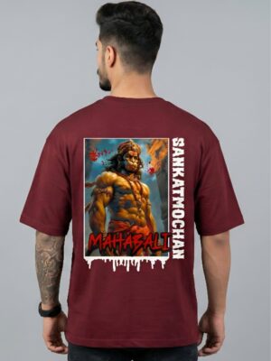Mahabali Men’s Maroon Oversized T-Shirt – Sankatmochan Hanuman DTF Print | Loopknit Cotton 240 GSM