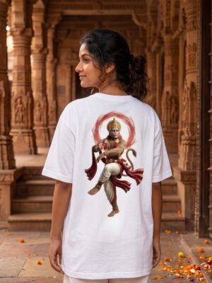 Unisex Oversized Hanuman Graphic T-Shirt Spiritual Warrior Design, White Cotton Tee