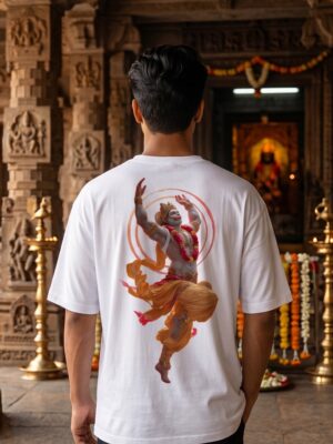 OVVzocDE_8DY0LD5FWG_2026-04-25_1.jpg Unisex Oversized Dancing Hanuman Graphic T-Shirt | Energetic Devotion Design, White Cotton Tee